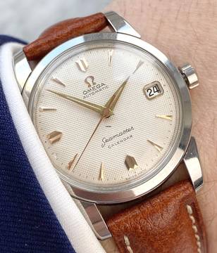  Omega Seamaster Serviced Seamaster Calendar Automatic Vintage Rare Honeycomb Dial Fat Lugs Big Seahorse Logo 2849 
