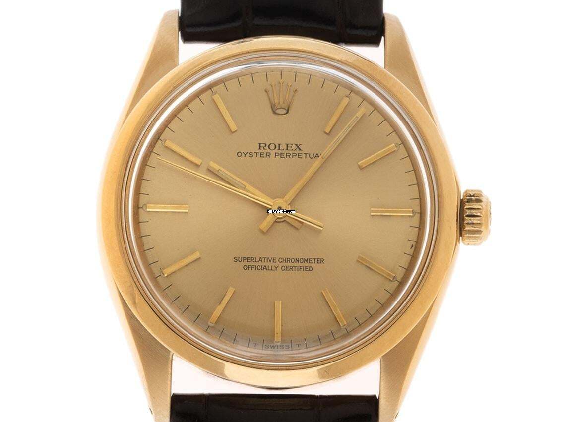 Rolex Oyster Perpetual 34 18kt Gelbgold Ref.1002 1977 original Box sehr gut Vintage Oyster Perpetual 18kt Gelbgold Krokoleder