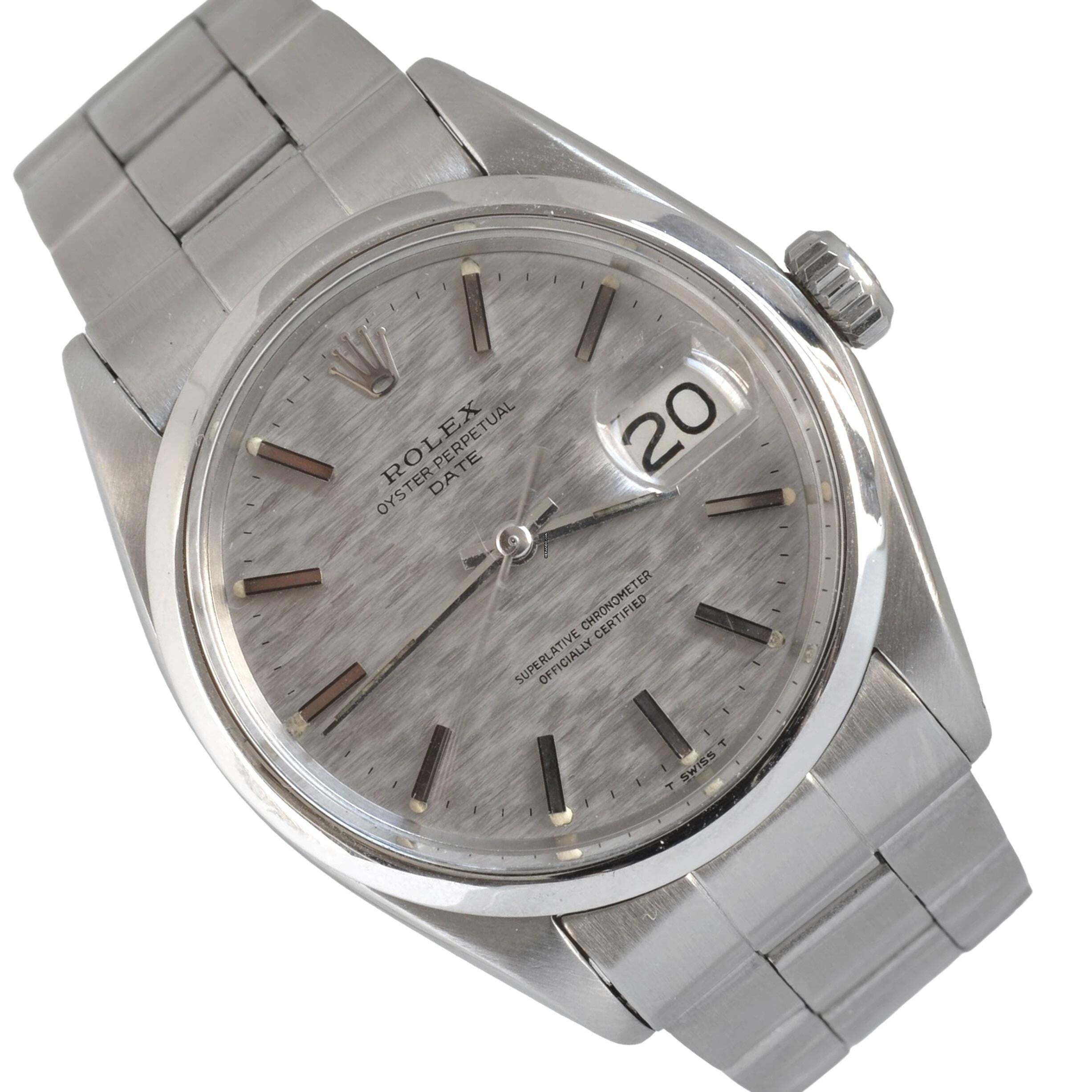 Rolex Oyster Perpetual Date 1500 Mosaik-Silberzifferblatt 1971 Komplettset