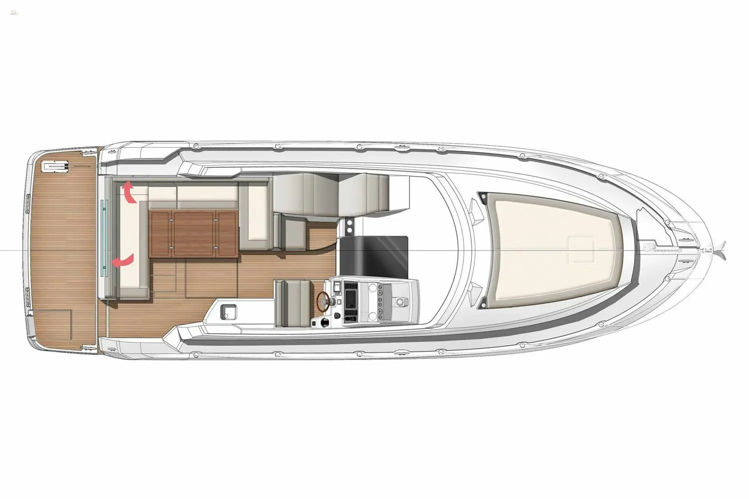 Jeanneau Leader 36 diesel sports cruiser - diagram of cockpit with sofa