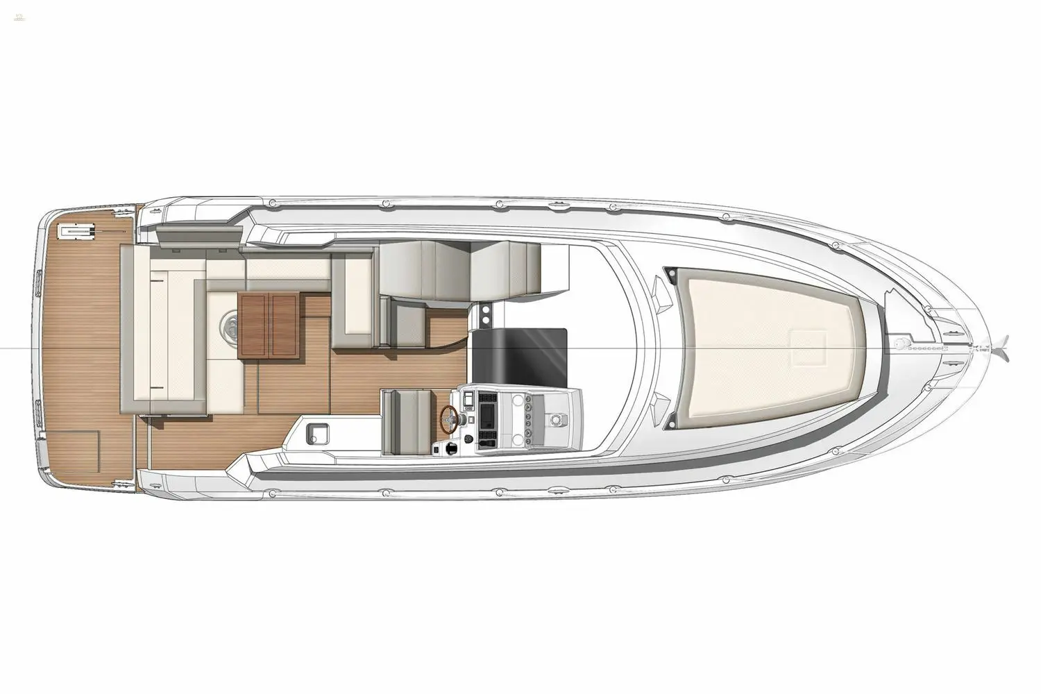 Jeanneau Leader 36 diesel sports cruiser - diagram of cockpit with folding table and sun lounger